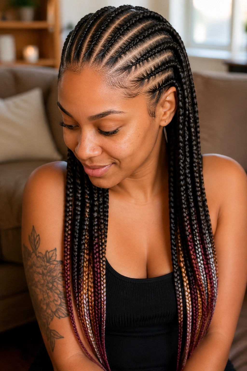 Close-up of twelve cornrows with colored ends on a real woman.