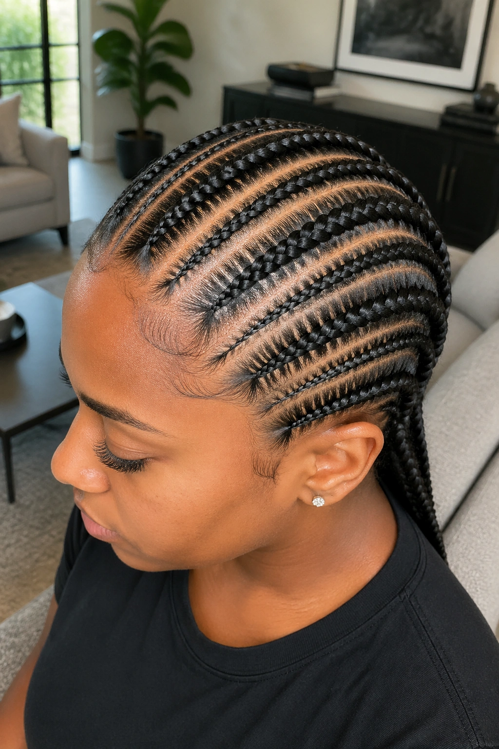 Close-up of real person with twelve cornrows of alternating thickness