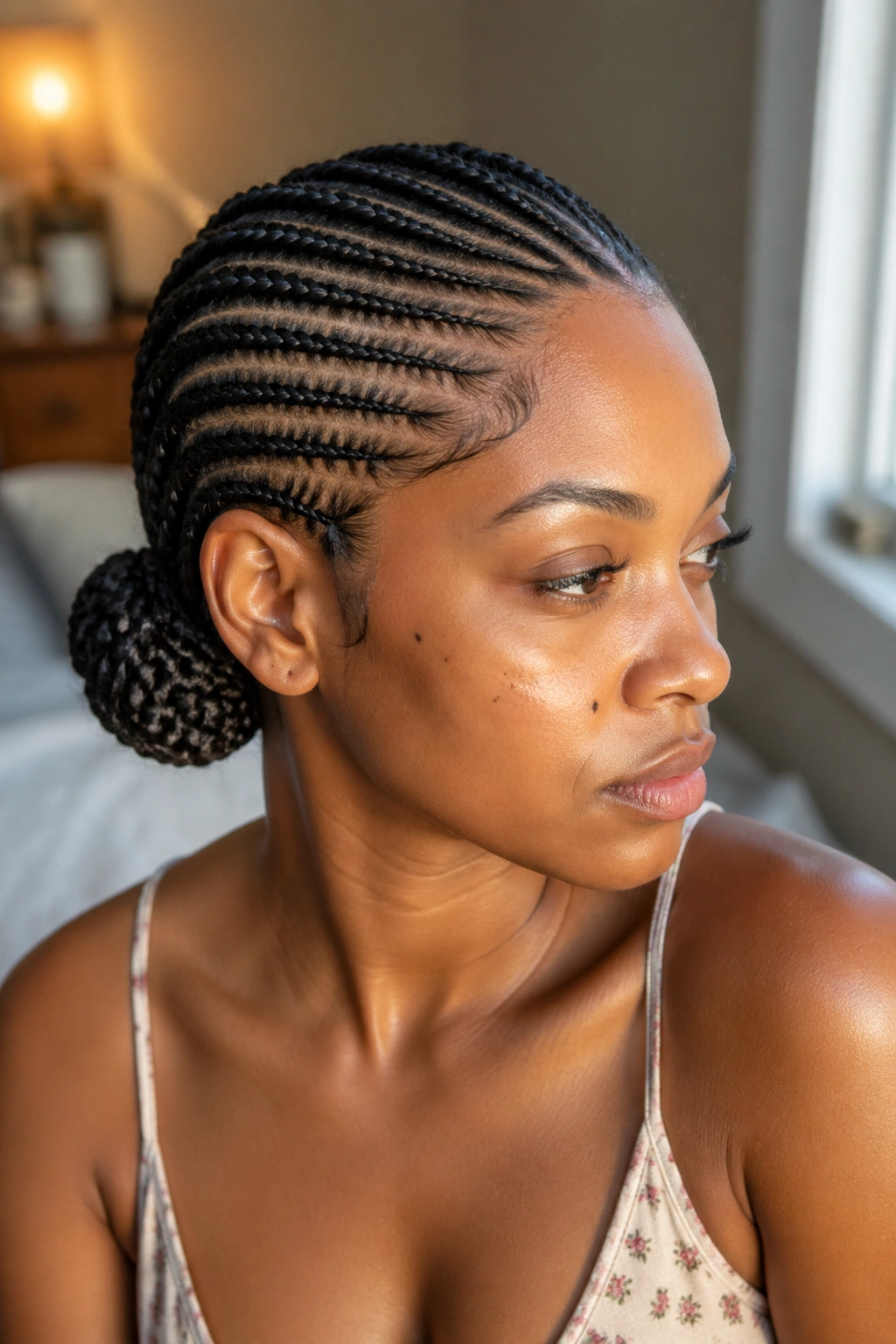 Close-up portrait of real person with twelve cornrows pulled into a side bun behind the ear