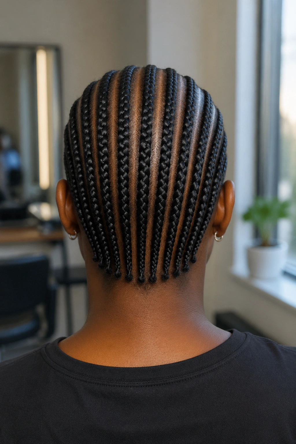 Back view of a real person showing twelve straight-back cornrows from hairline to nape.