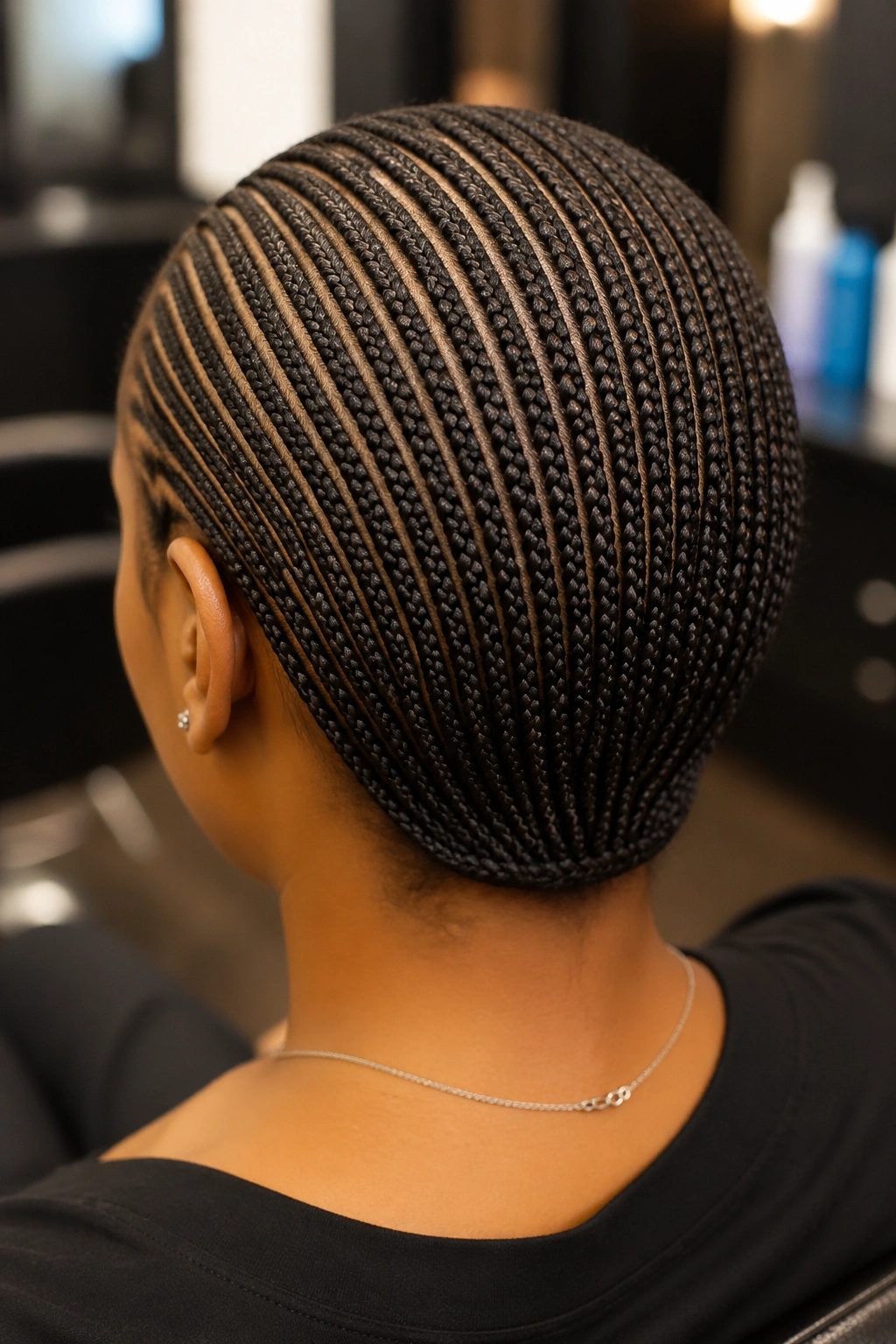 Rear portrait of a real woman with twenty-five micro braids across the scalp.