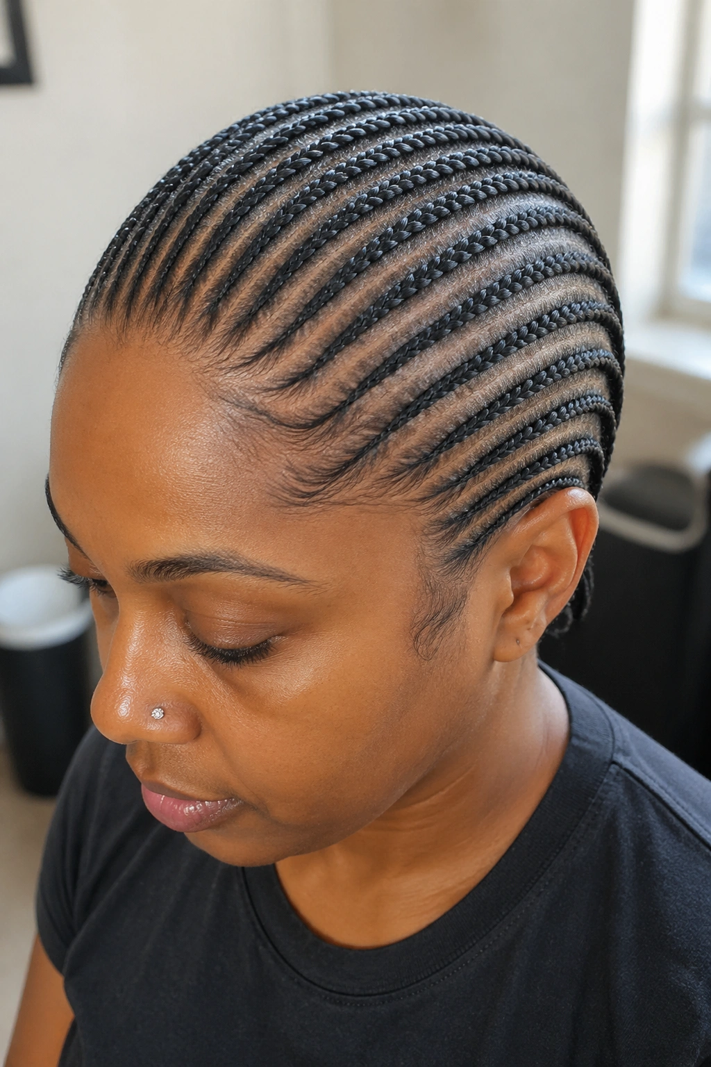 Close-up portrait of a real woman with twenty tight all-back cornrows from hairline to nape.