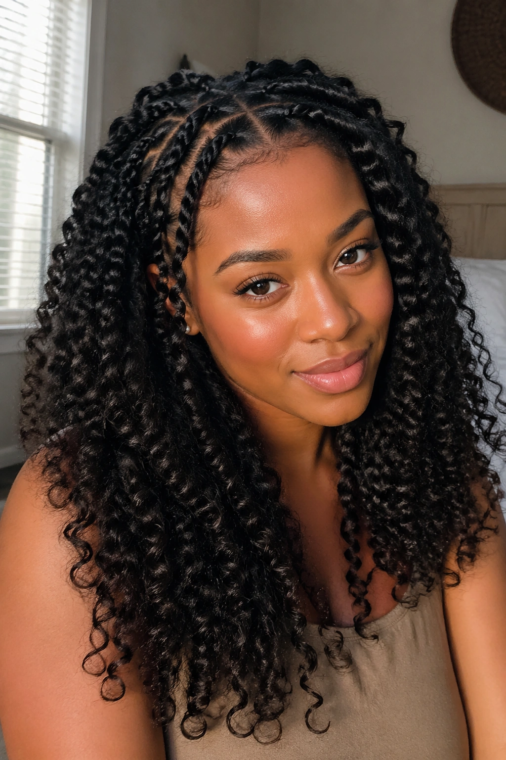 Close-up of a real woman's two-strand twists at the crown with natural curls.