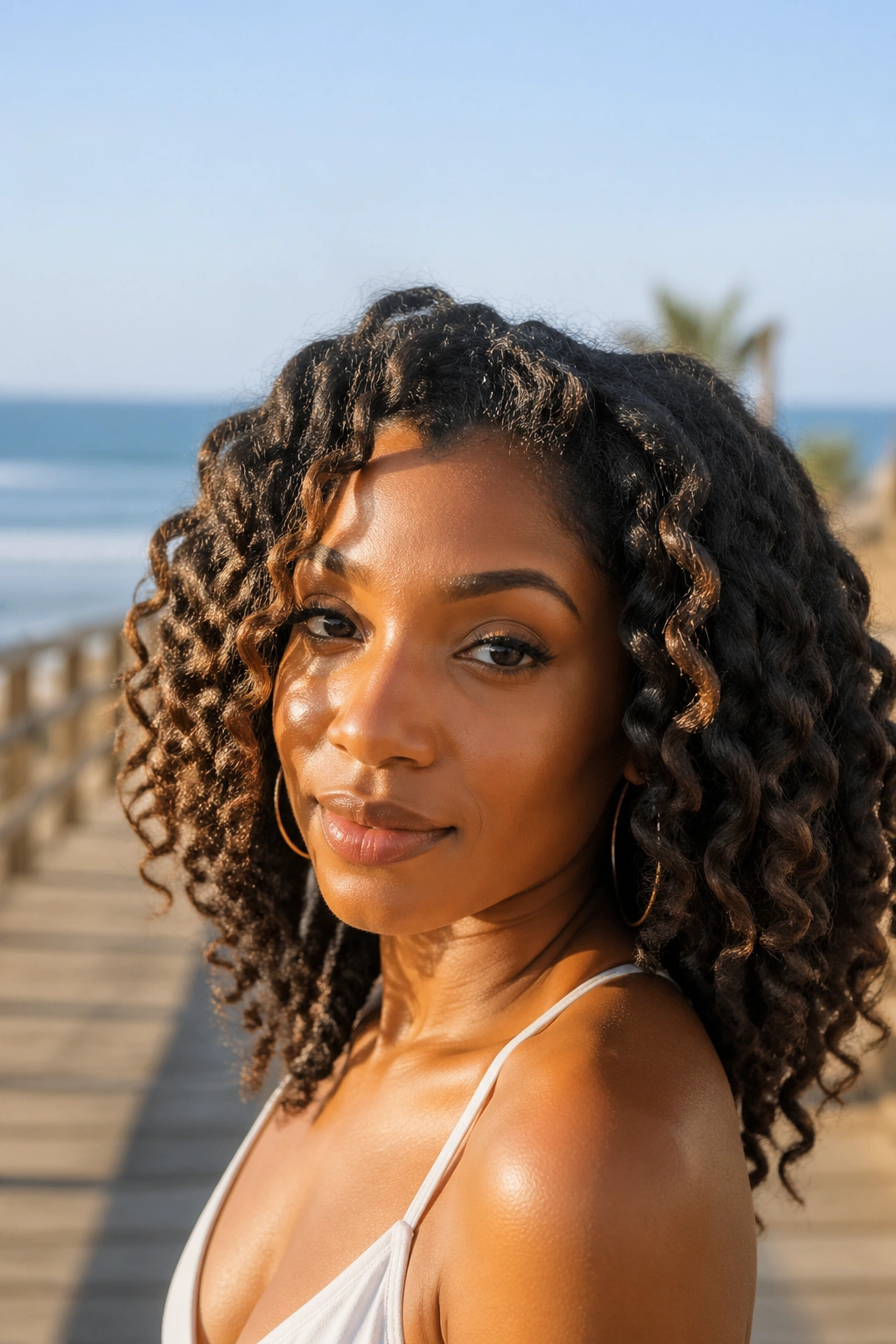 Close-up of a real woman with a loose twist-out in golden-hour light