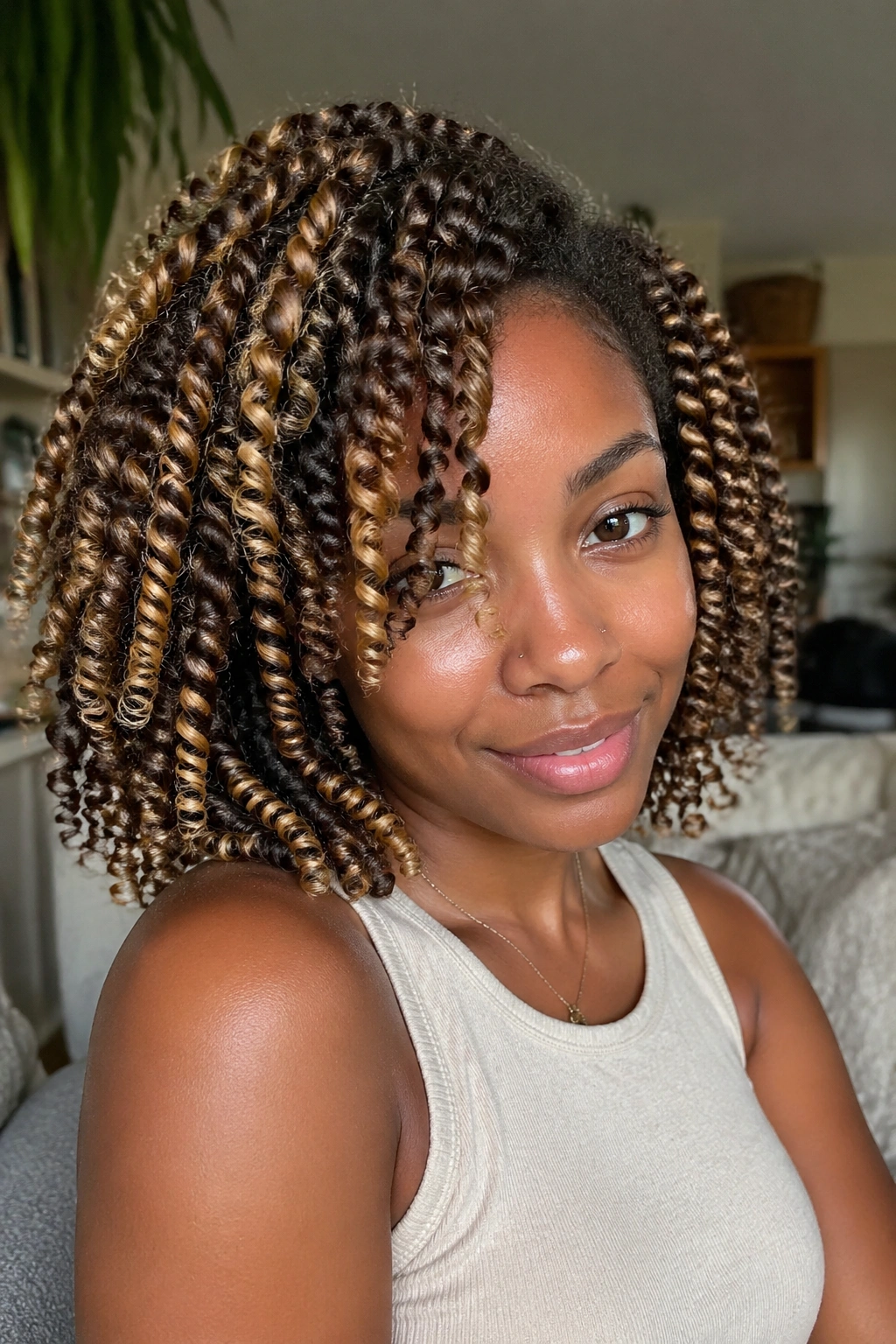 Close-up of real person with twist-out blonde-highlighted curls