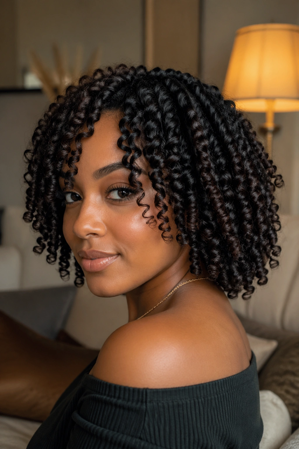 Close-up of a real woman with two-strand twist-out on bob