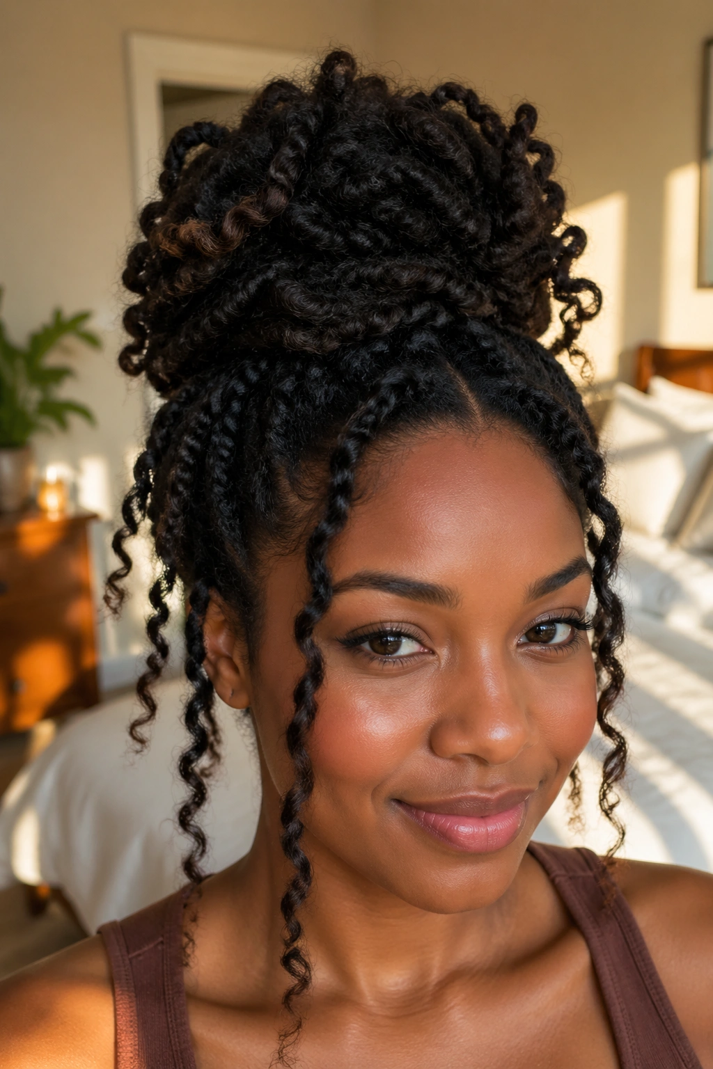 Close-up of a real woman with a stretched twist-out bun showing textured twists