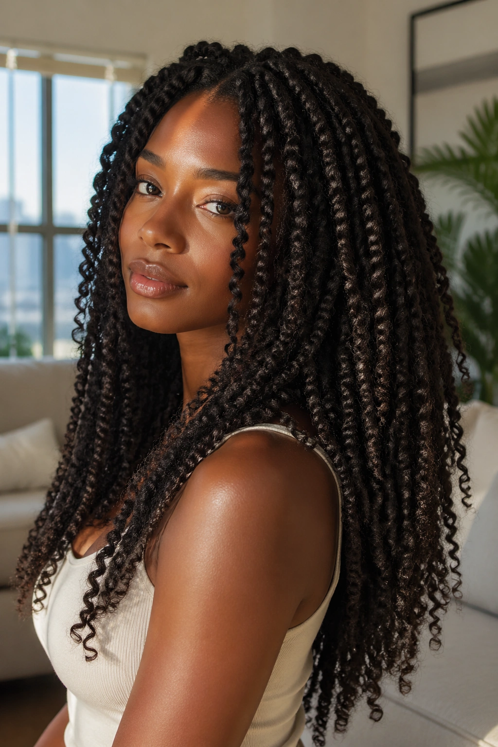 Close-up of a real woman with twist-out curls and visible layered texture