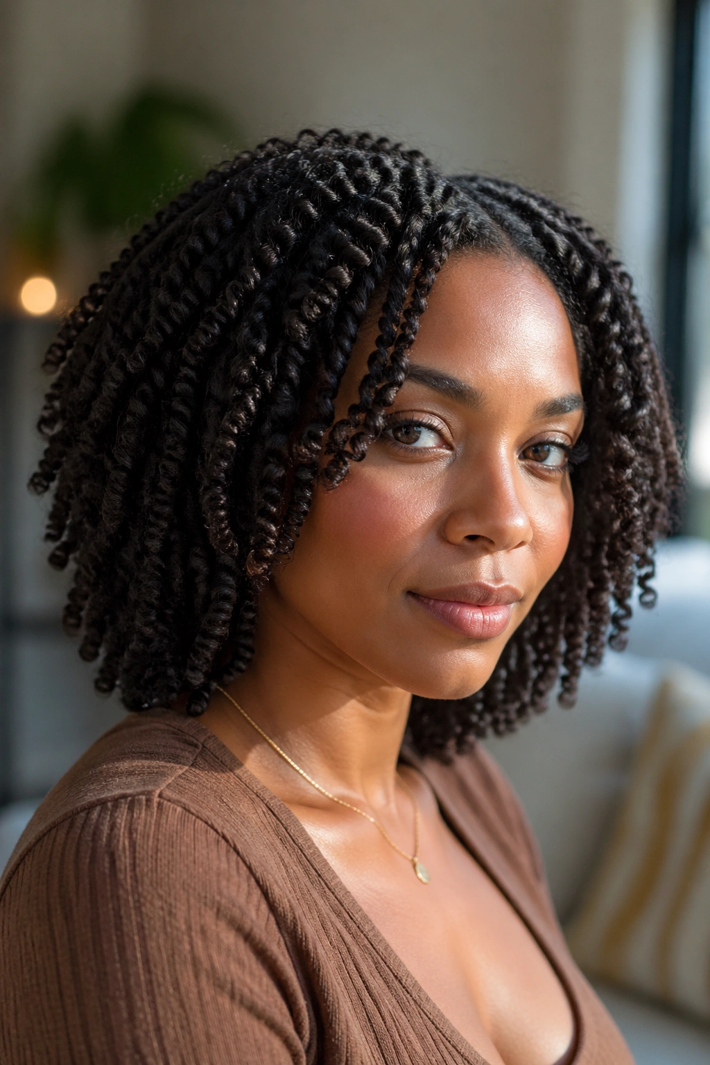 Close-up of a real woman with a defined twist-out on medium-length curls, natural window light
