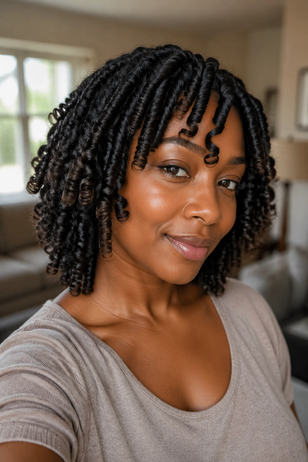 Close-up portrait of a real woman with twist-out curls ending in curled ends formed by perm rods