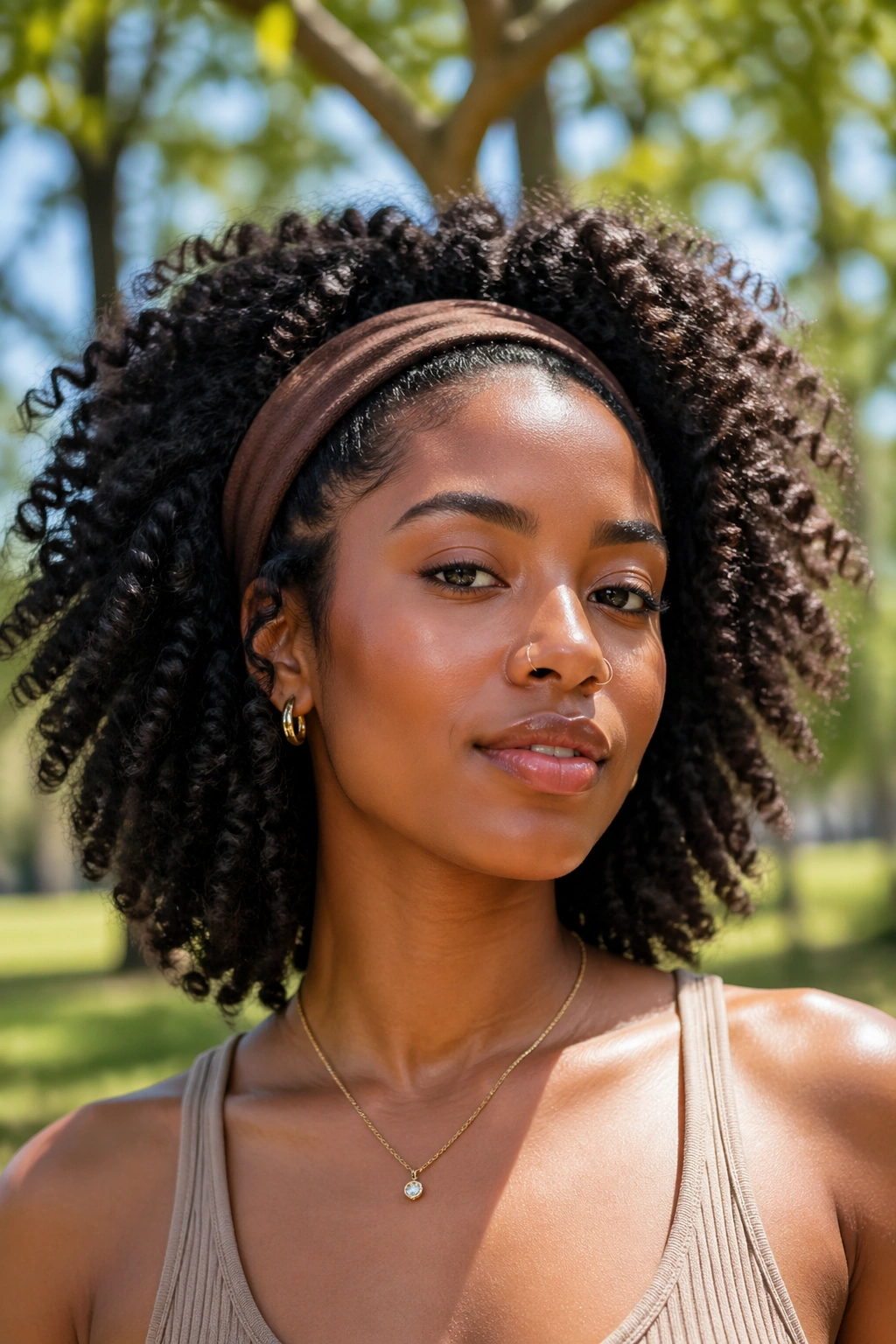 Portrait of a woman with a voluminous twist-out and headband in sunny outdoor light.