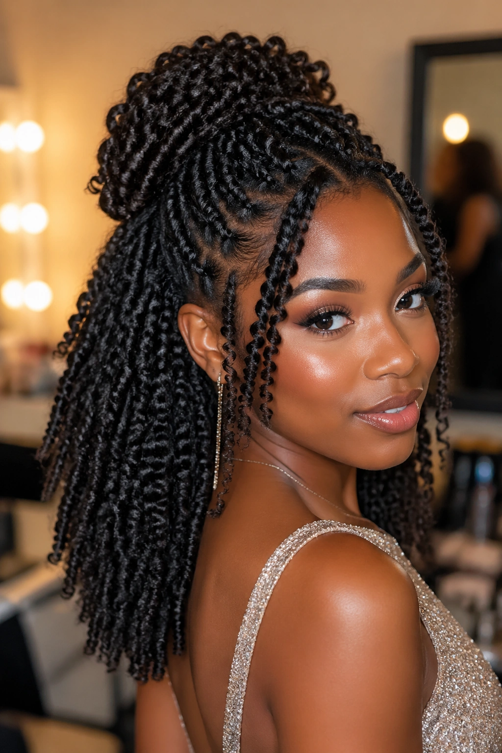 Close-up of real woman with glam twist-out half-up hairstyle under warm backstage lighting