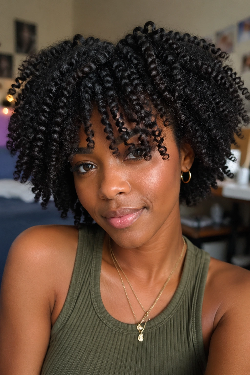 Real person with twist-out hairstyle in dorm room