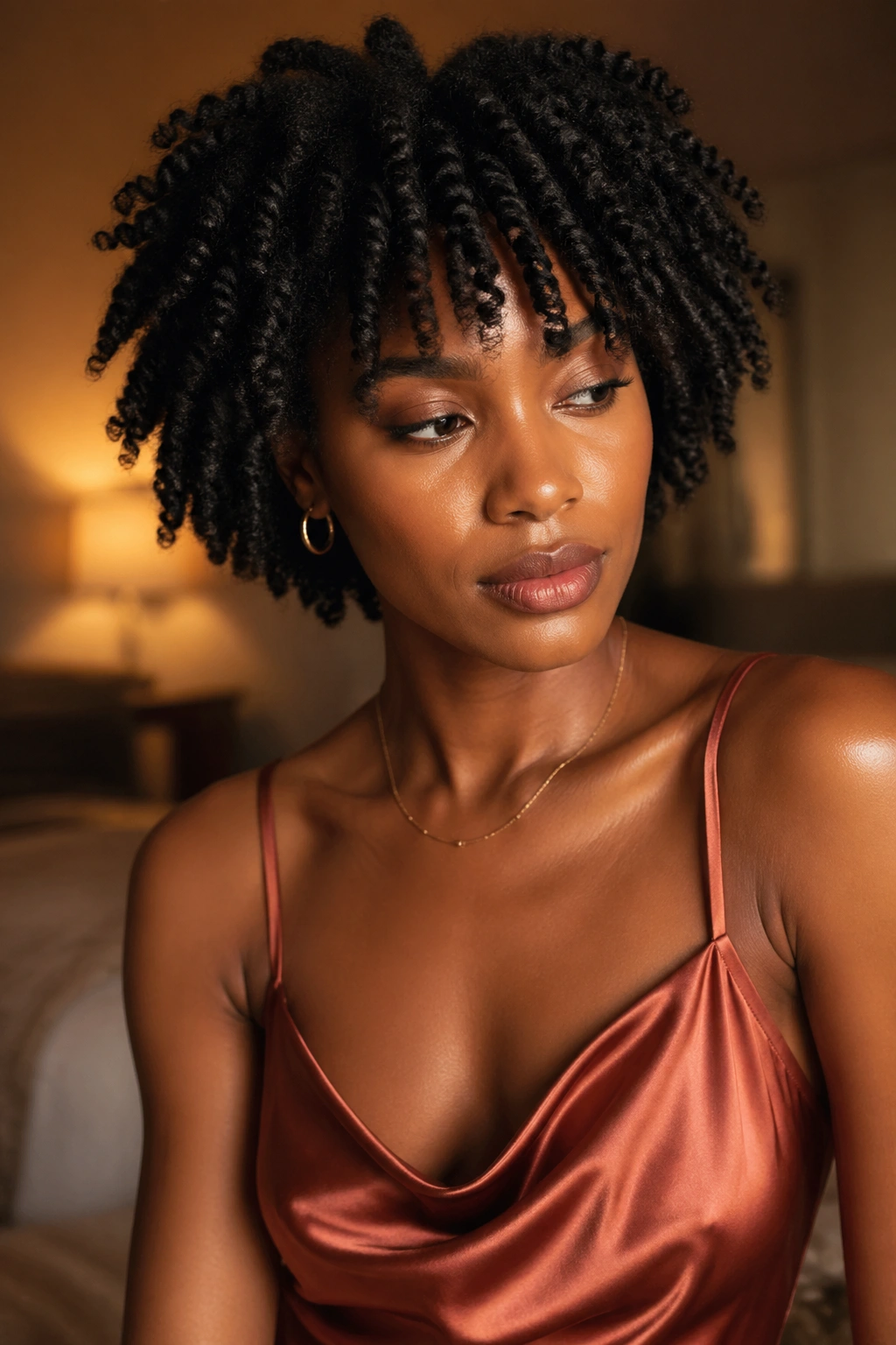 Close-up portrait of a person with twist-out hair wearing a warm-toned slip dress in soft indoor light