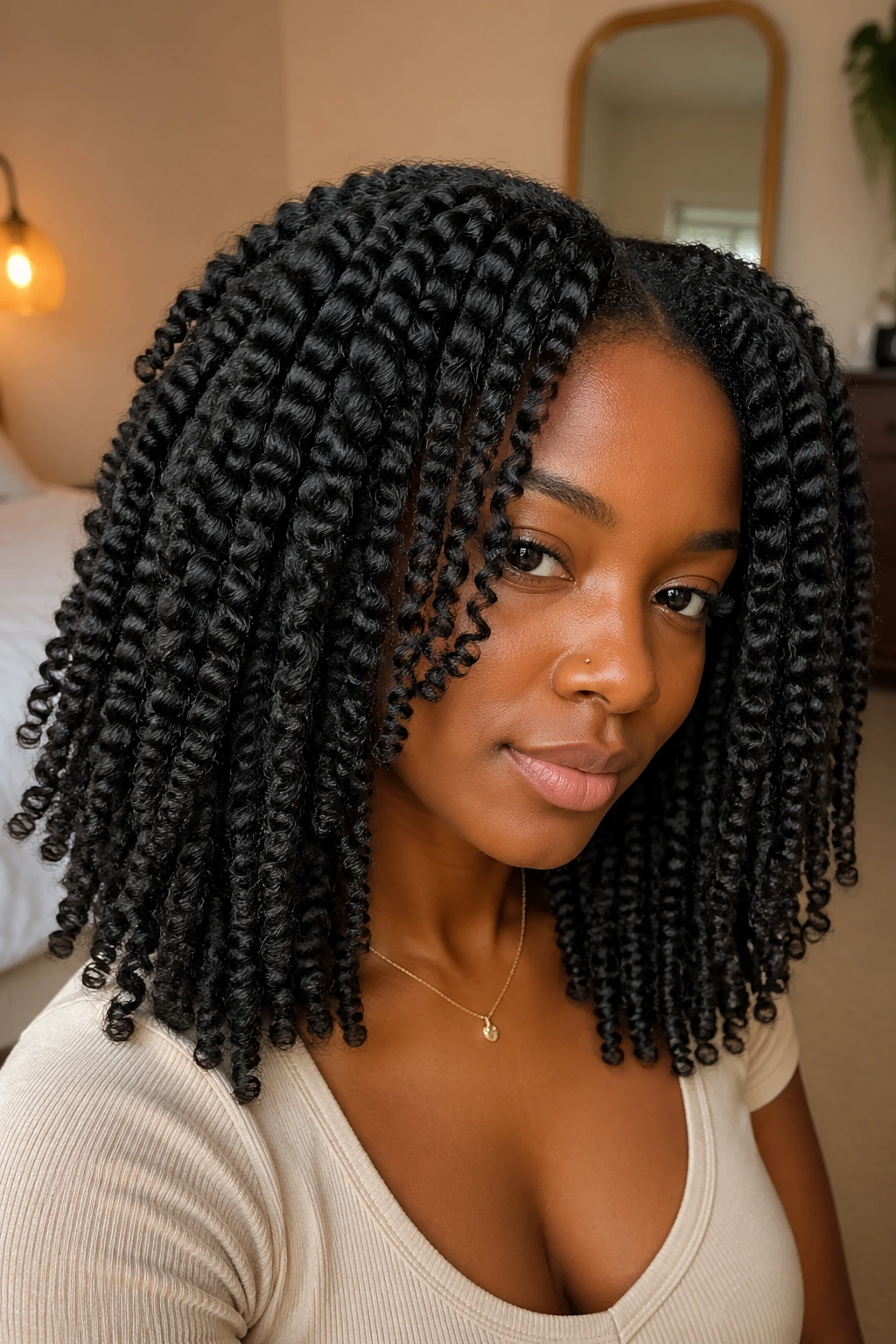Close-up of a real woman with stretched twist-out showing length and volume.
