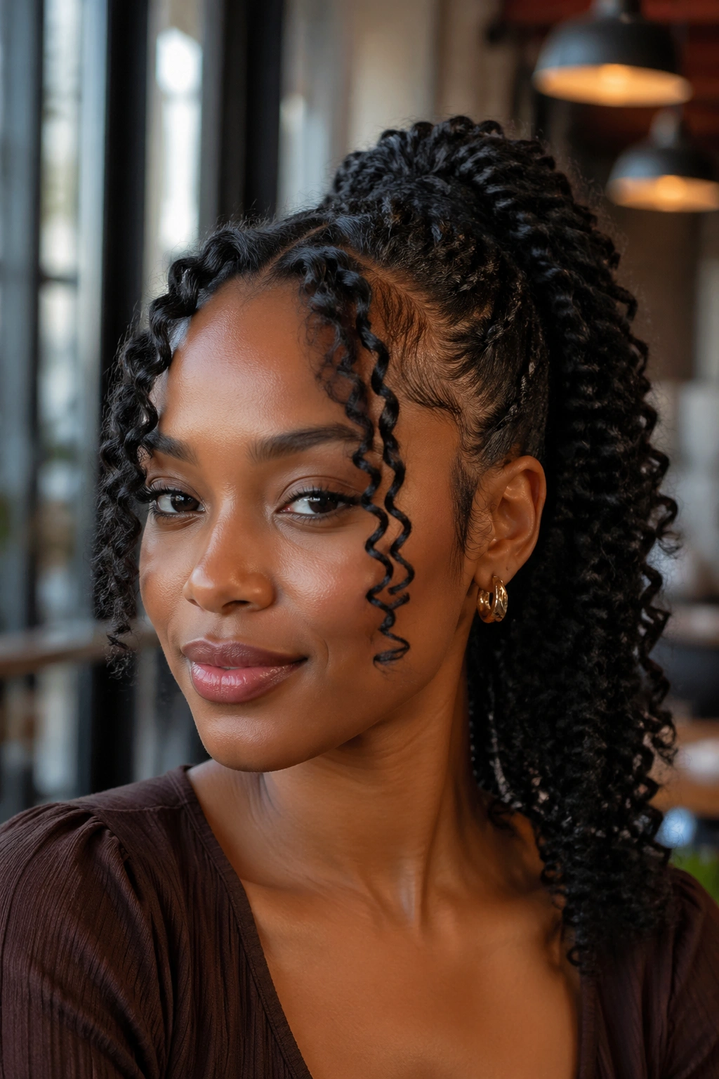 Real woman with twist ponytail and curled bangs framing her face.