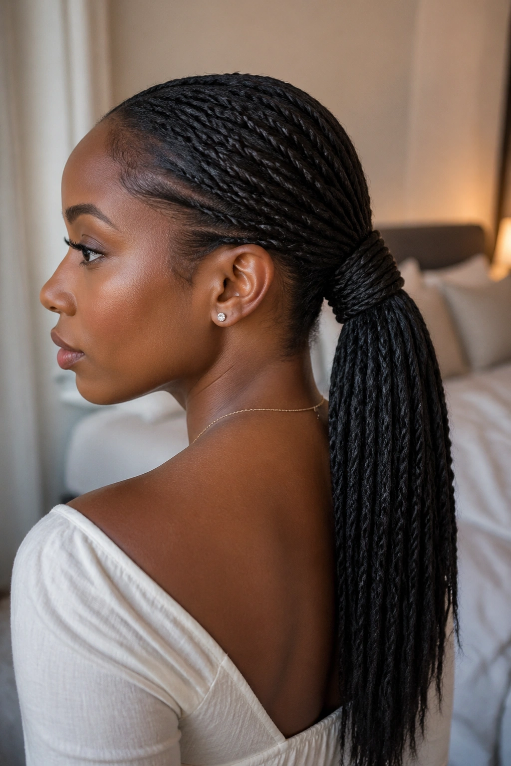 Close-up portrait of a real woman with a wrapped low twist ponytail at the nape.