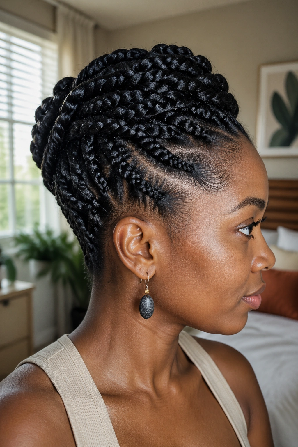 Close-up portrait of a real woman with a two-strand twist updo