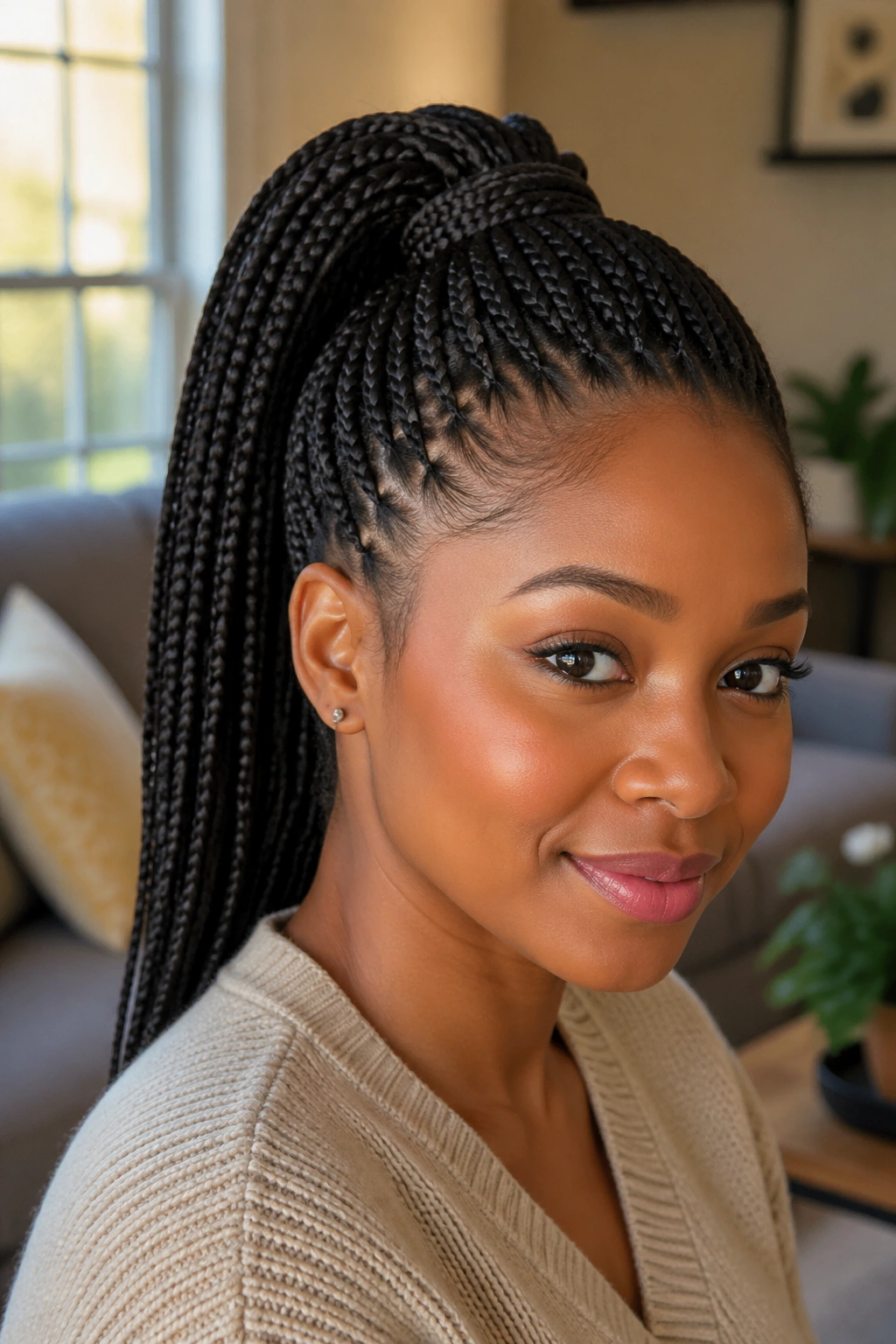 Close-up of a real woman with a twisted-base ponytail at the crown, neatly tucked and polished.