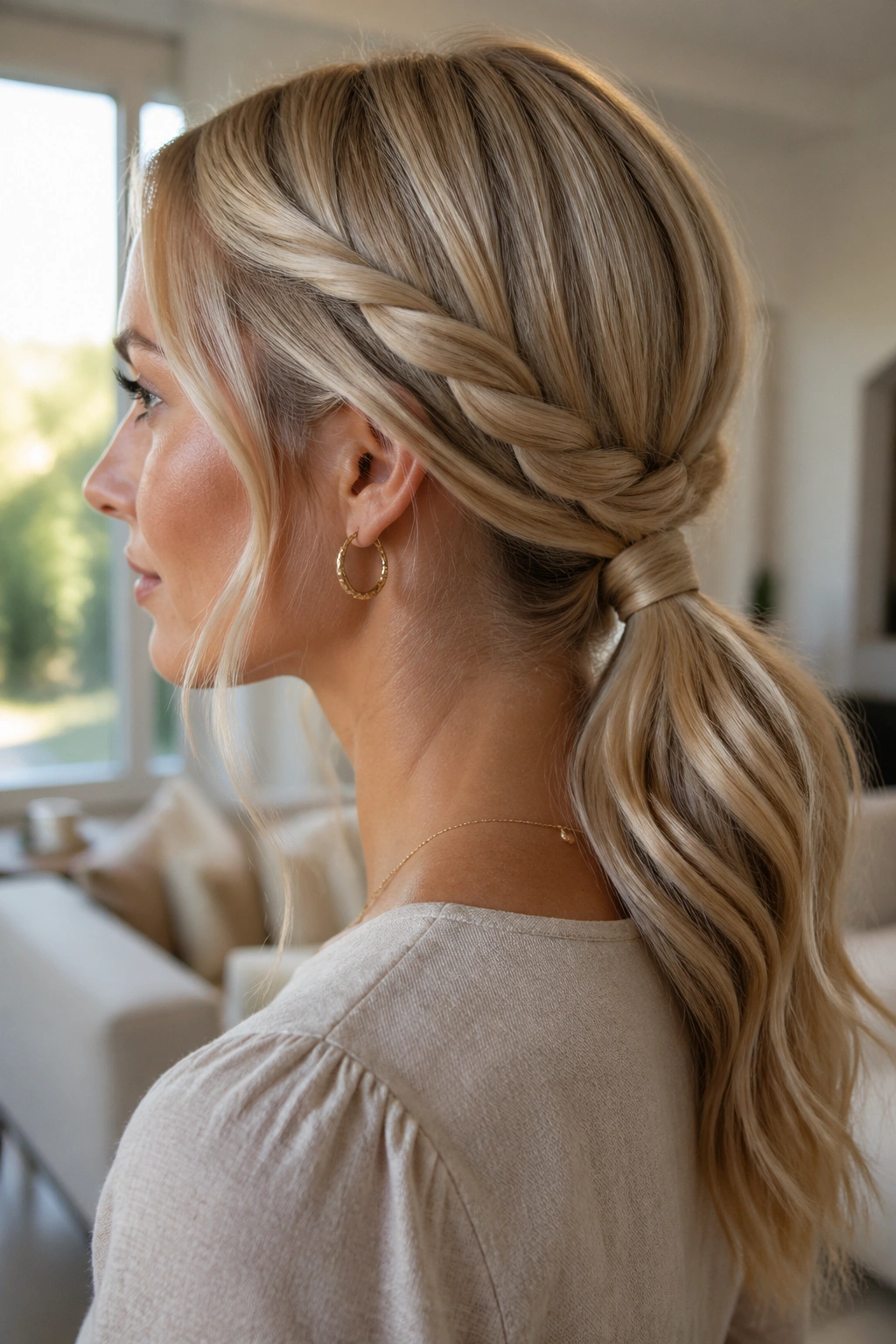 Close-up portrait of a real woman with a twisted blonde low ponytail.