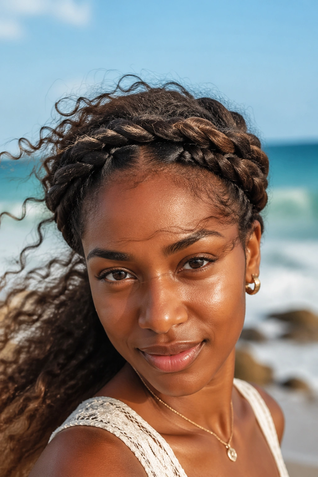 Close-up of twisted crown hairstyle at the beach