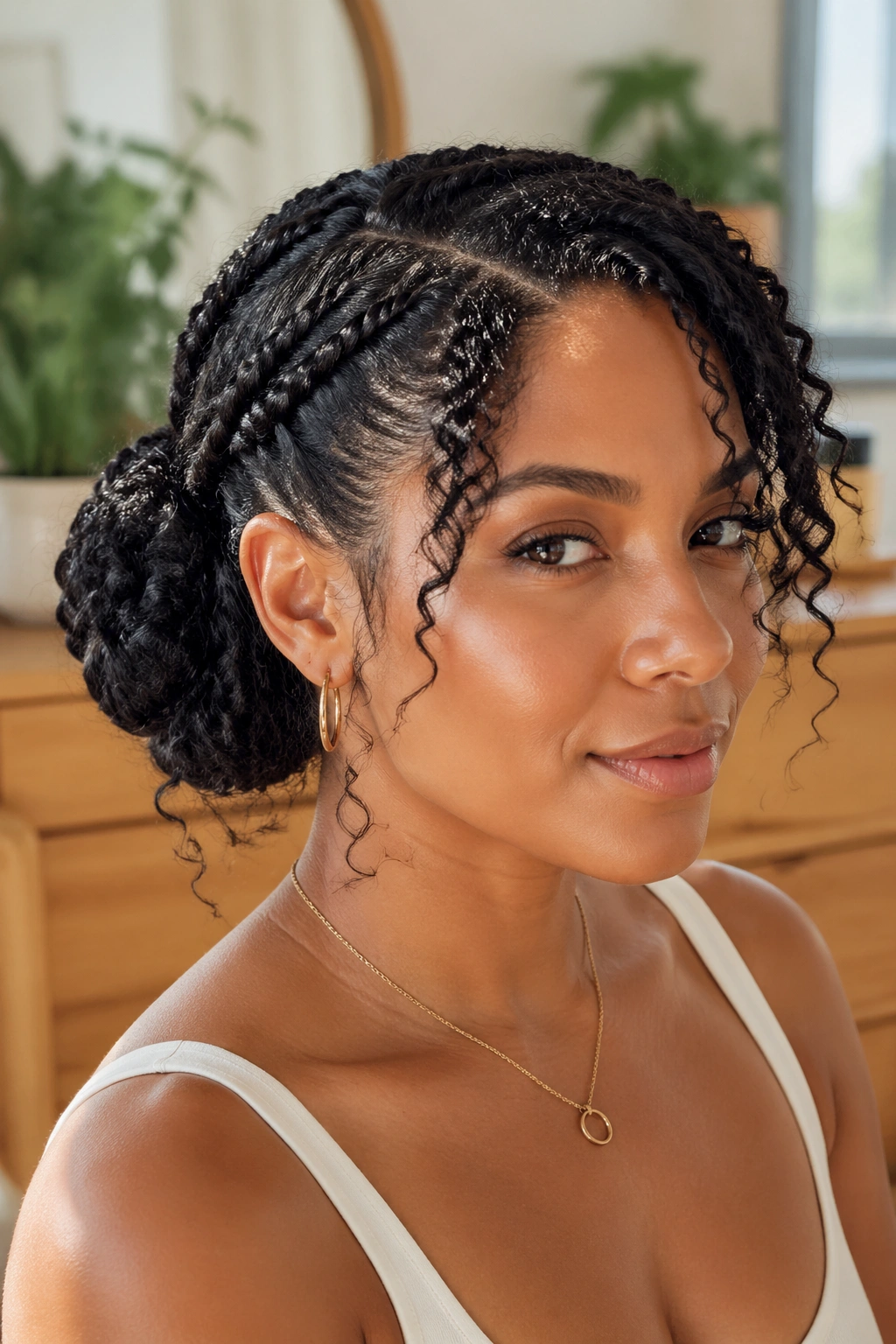 Close-up of twisted front into side bun on a real woman.