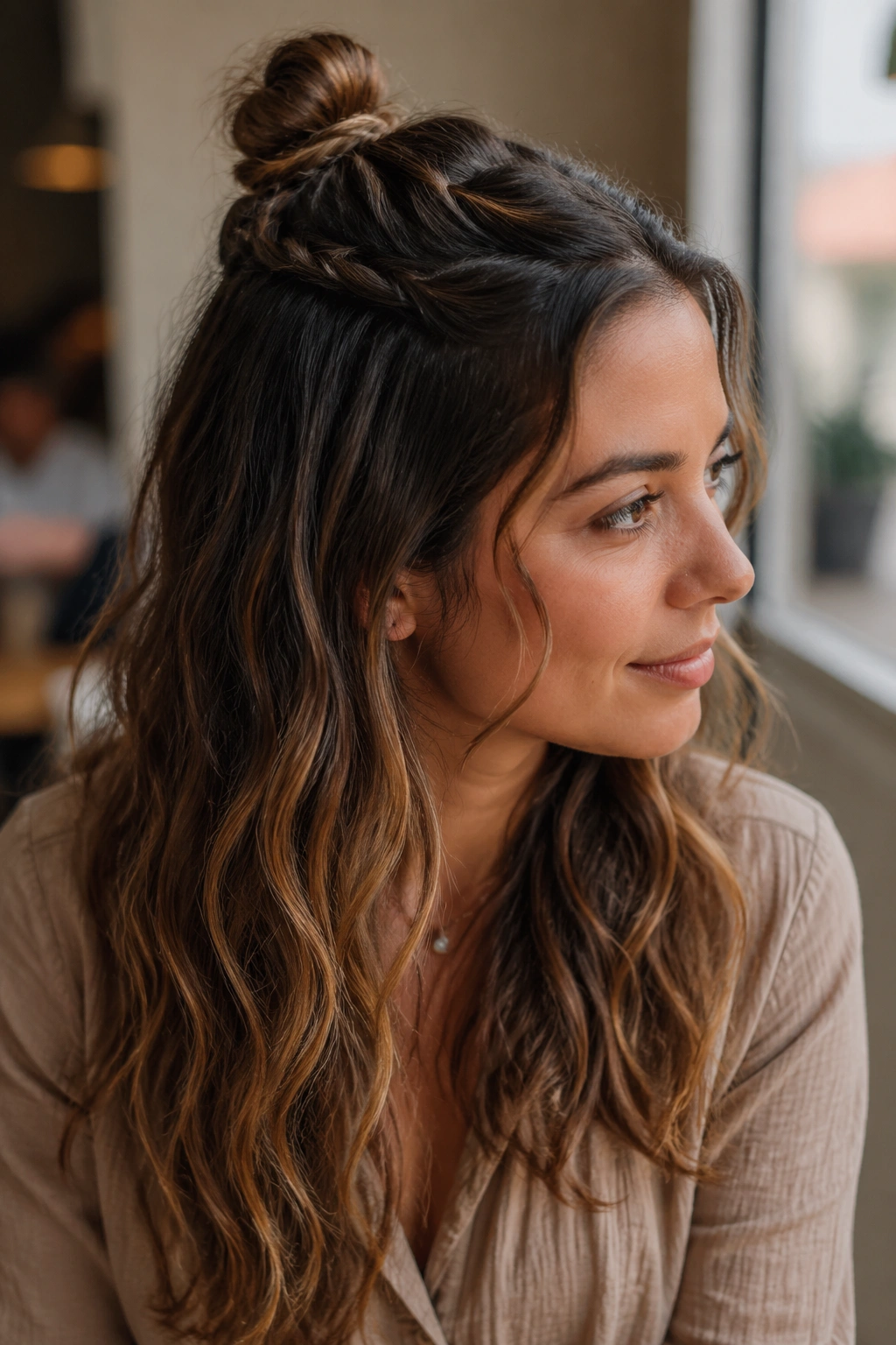 Close-up of a real woman's twisted half-up knot hairstyle