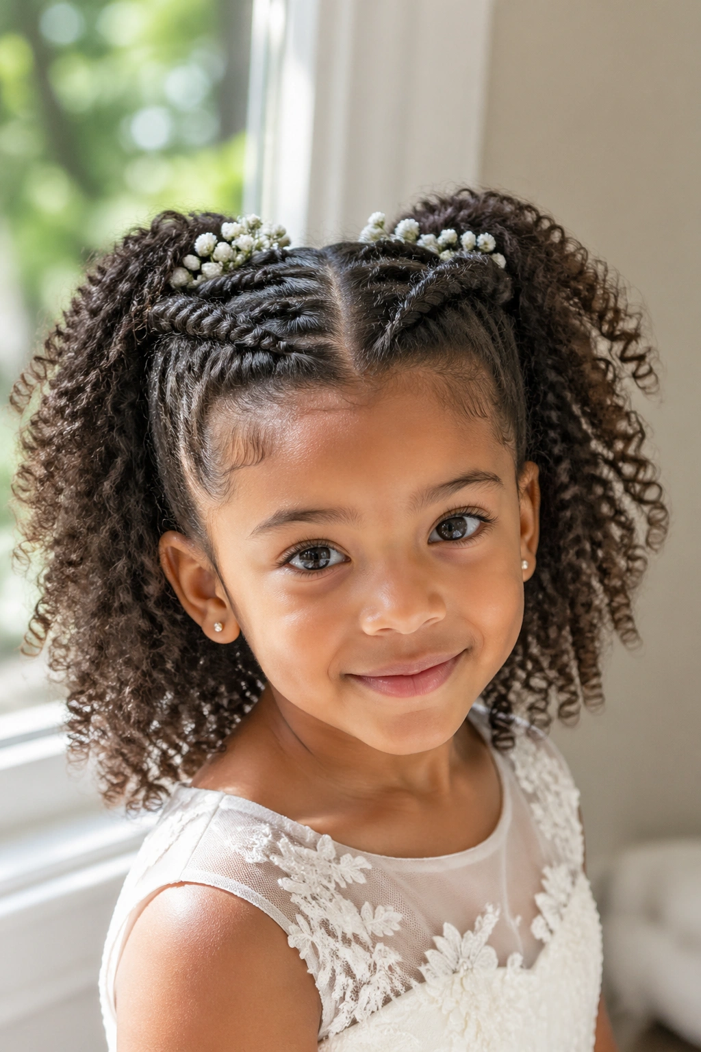 Close-up of a real child with twisted half-up puffs hairstyle