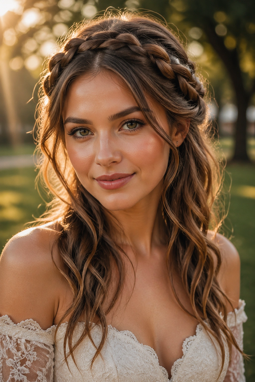 Bride wearing a twisted halo braid with loose ends