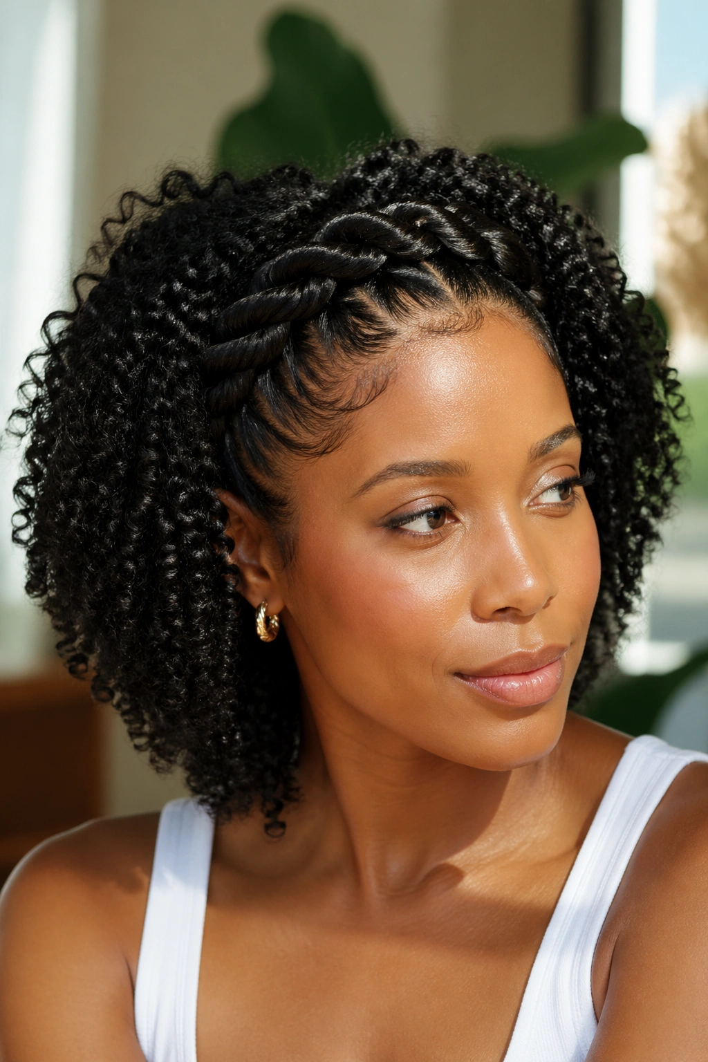 Close-up of a real woman with twisted front crown across the head