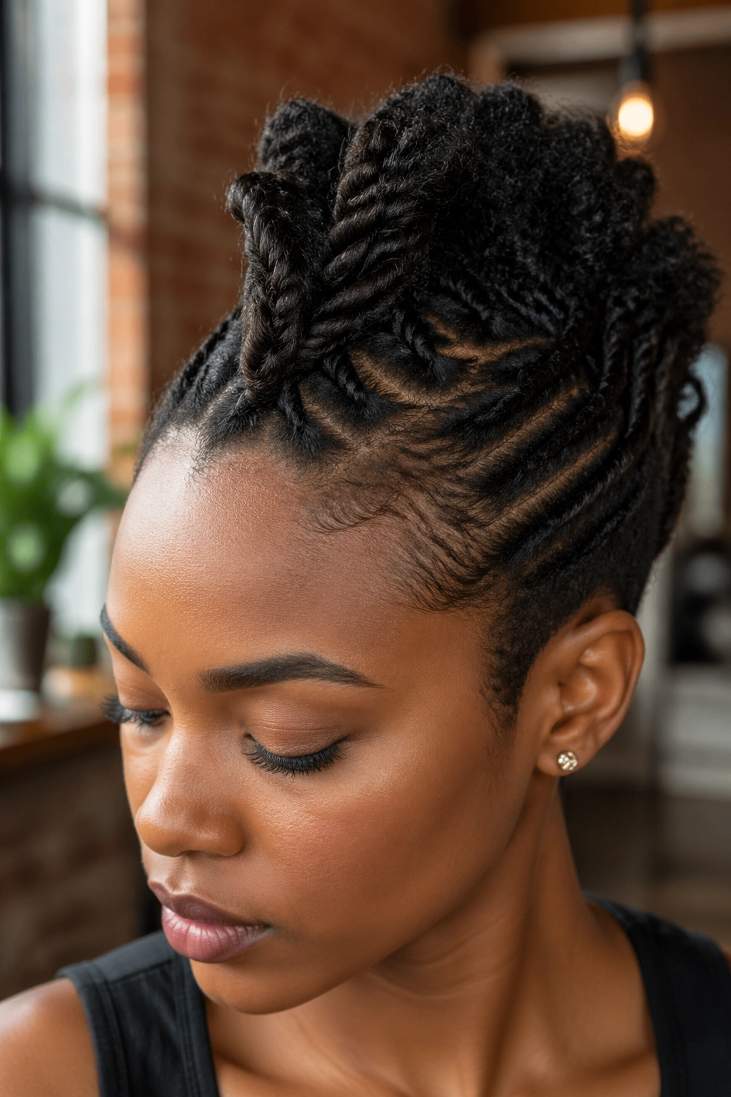 Real woman with twisted mohawk hairstyle