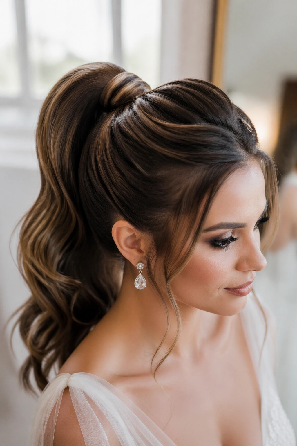 Close-up of a real bride with twisted high ponytail and hidden base