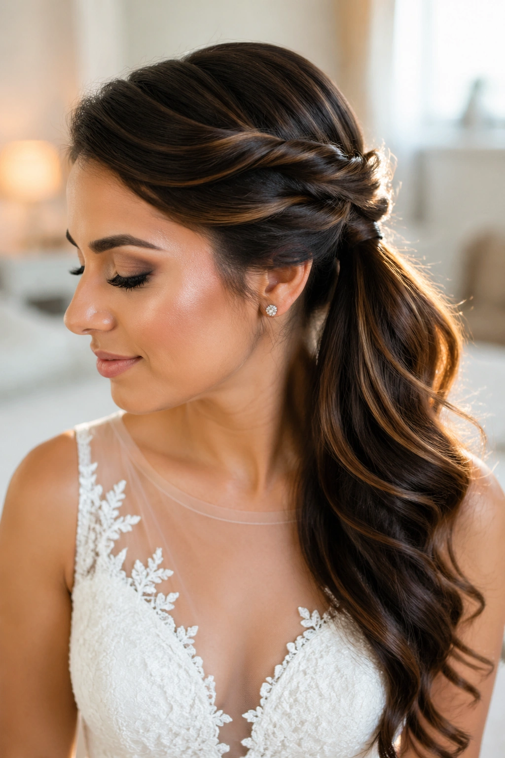 Medium close-up of a real bride with a twisted side ponytail in a bridal suite.