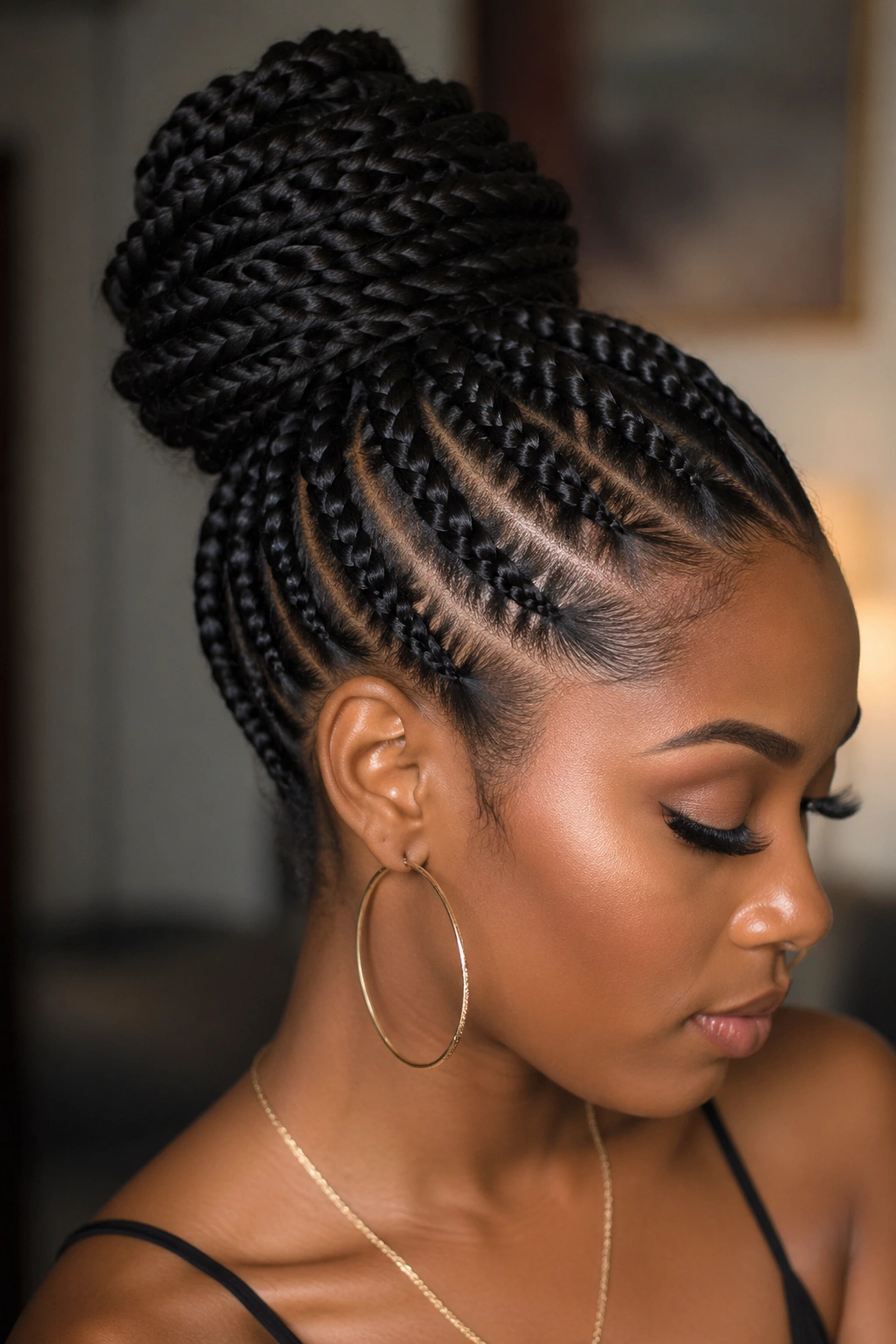 Close-up of a woman with rope-textured twisted updo bun
