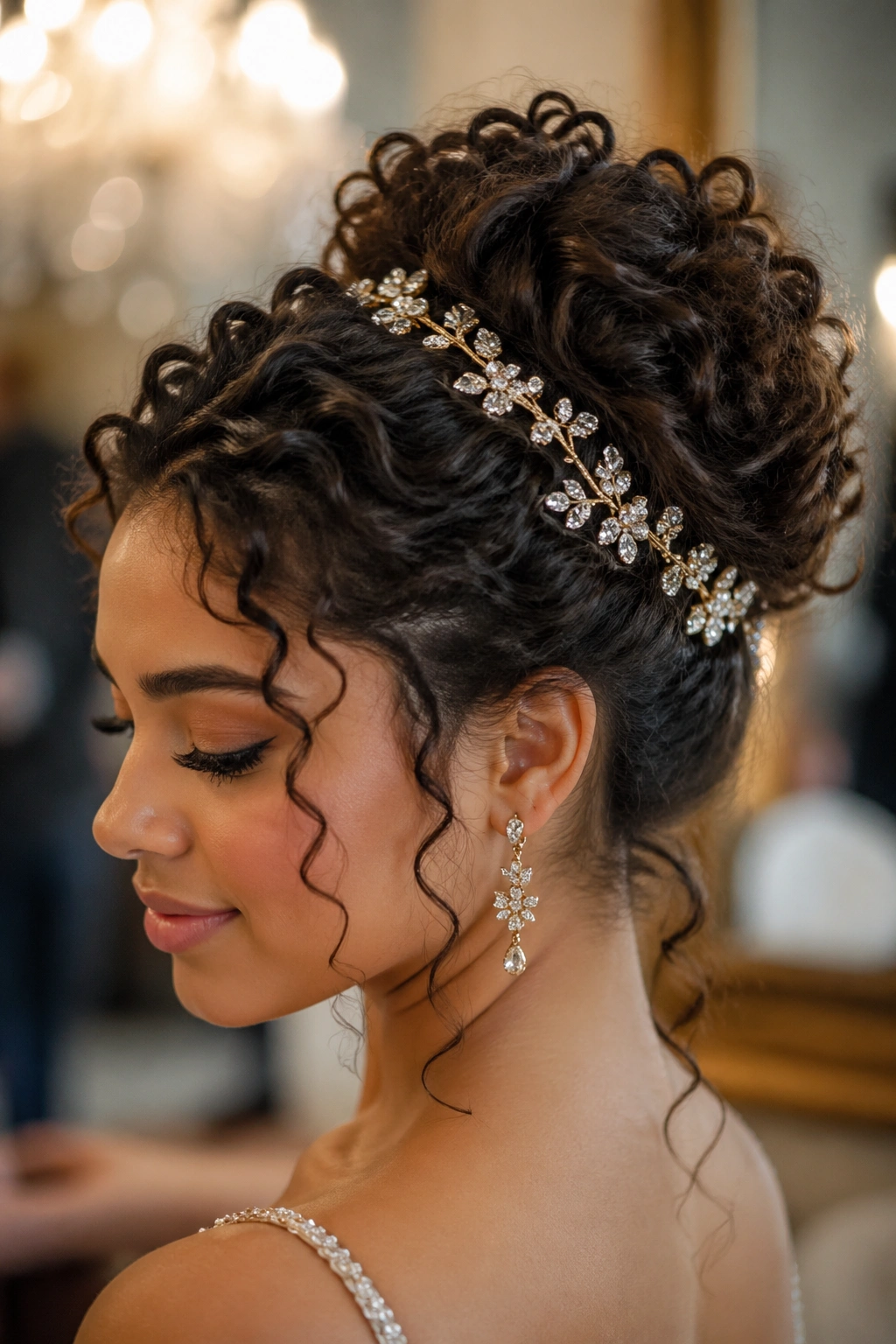 Portrait of real person with twisted updo and hair vine.