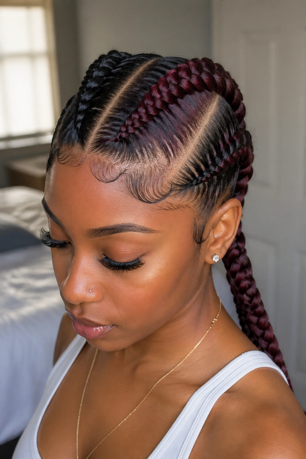 Close-up of a real woman with two parallel cornrow ponies in contrasting colors natural brown and burgundy