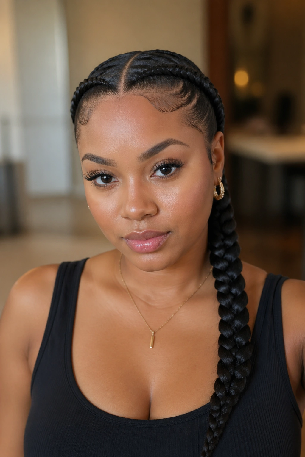 Portrait of a real woman with two braids forming a braided ponytail finish