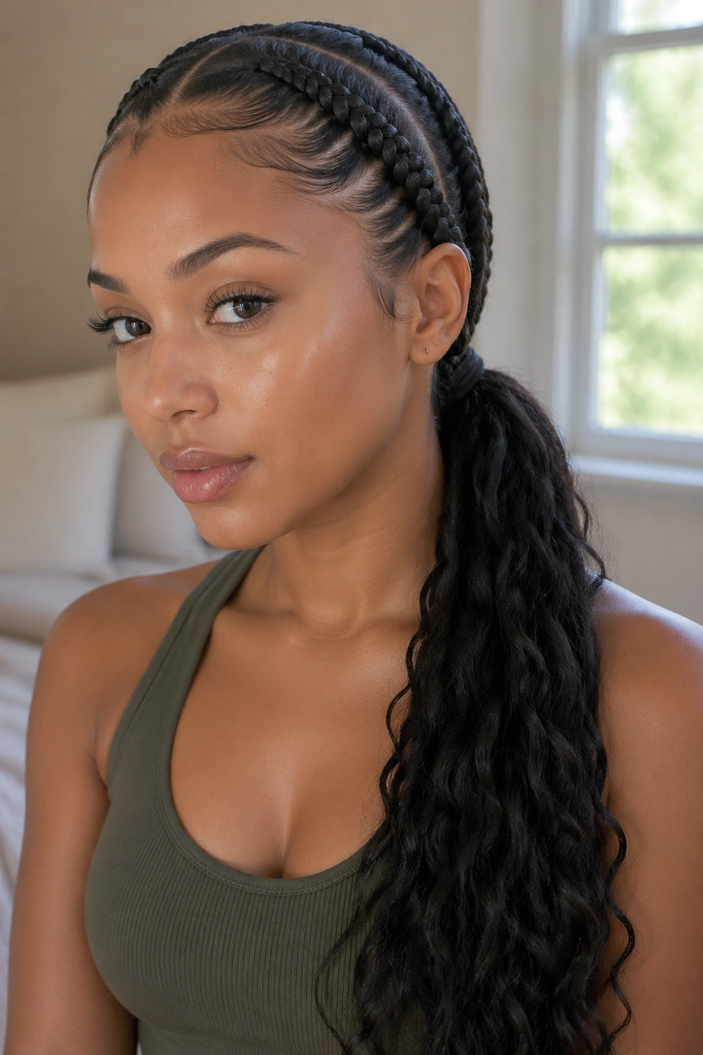 Close-up of a real woman with two braids forming a low side pony behind the ear