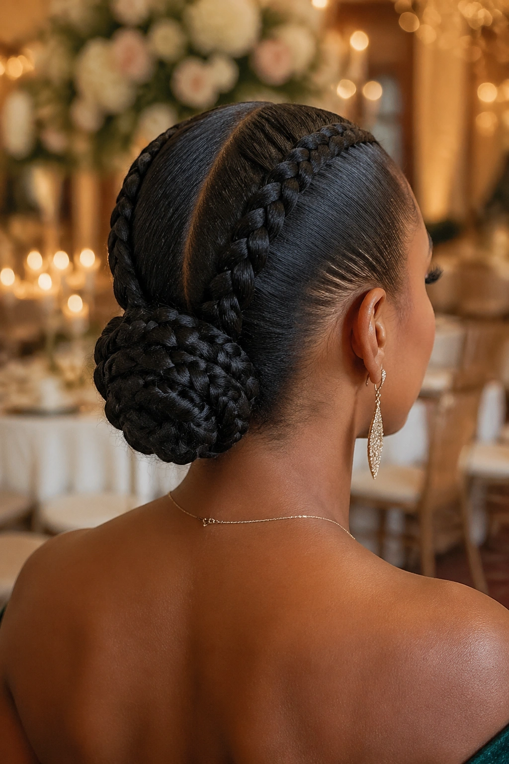 Portrait of a real woman with two braids pinned into a braided updo