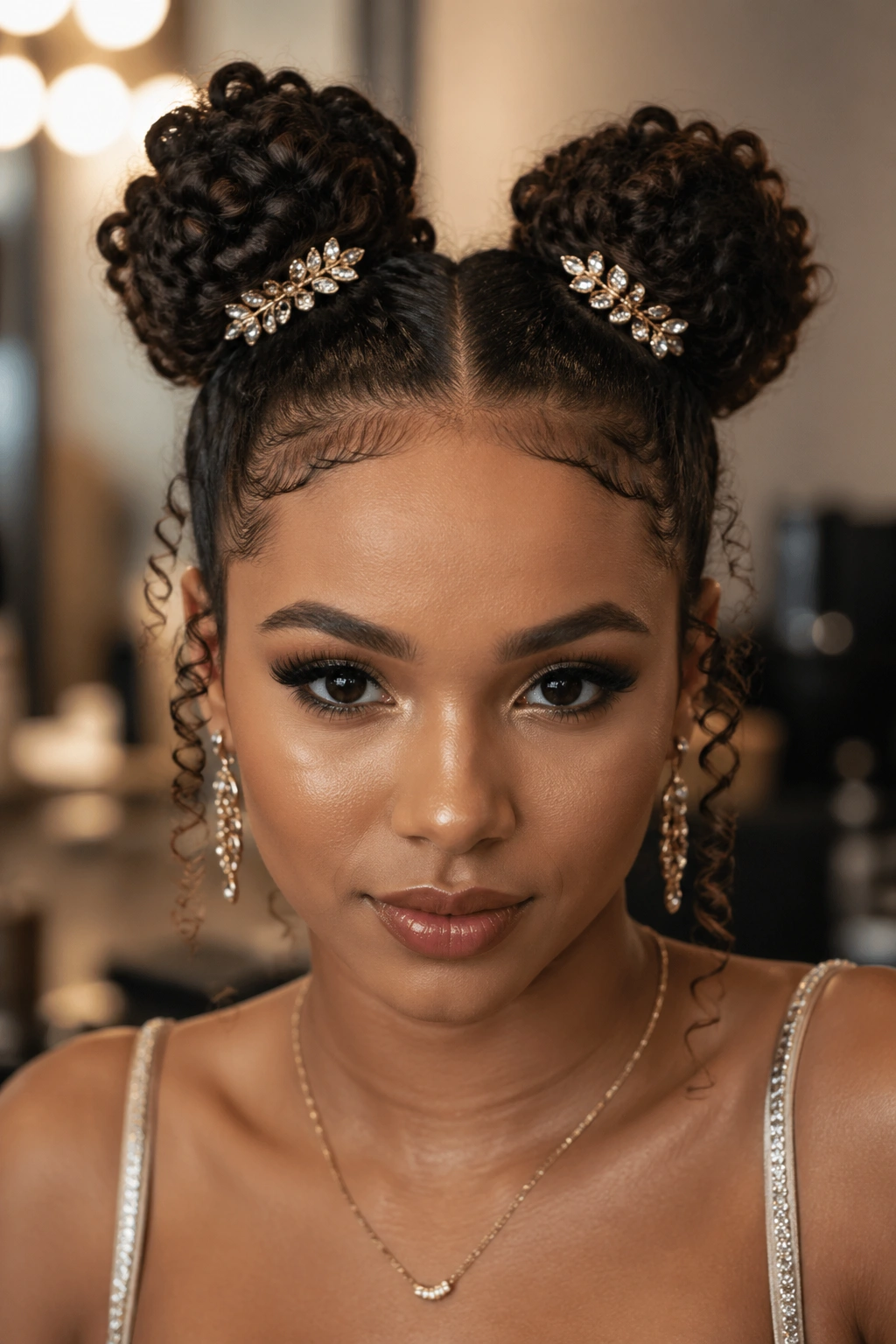 Close-up of a real person with two symmetrical buns and decorative pins.