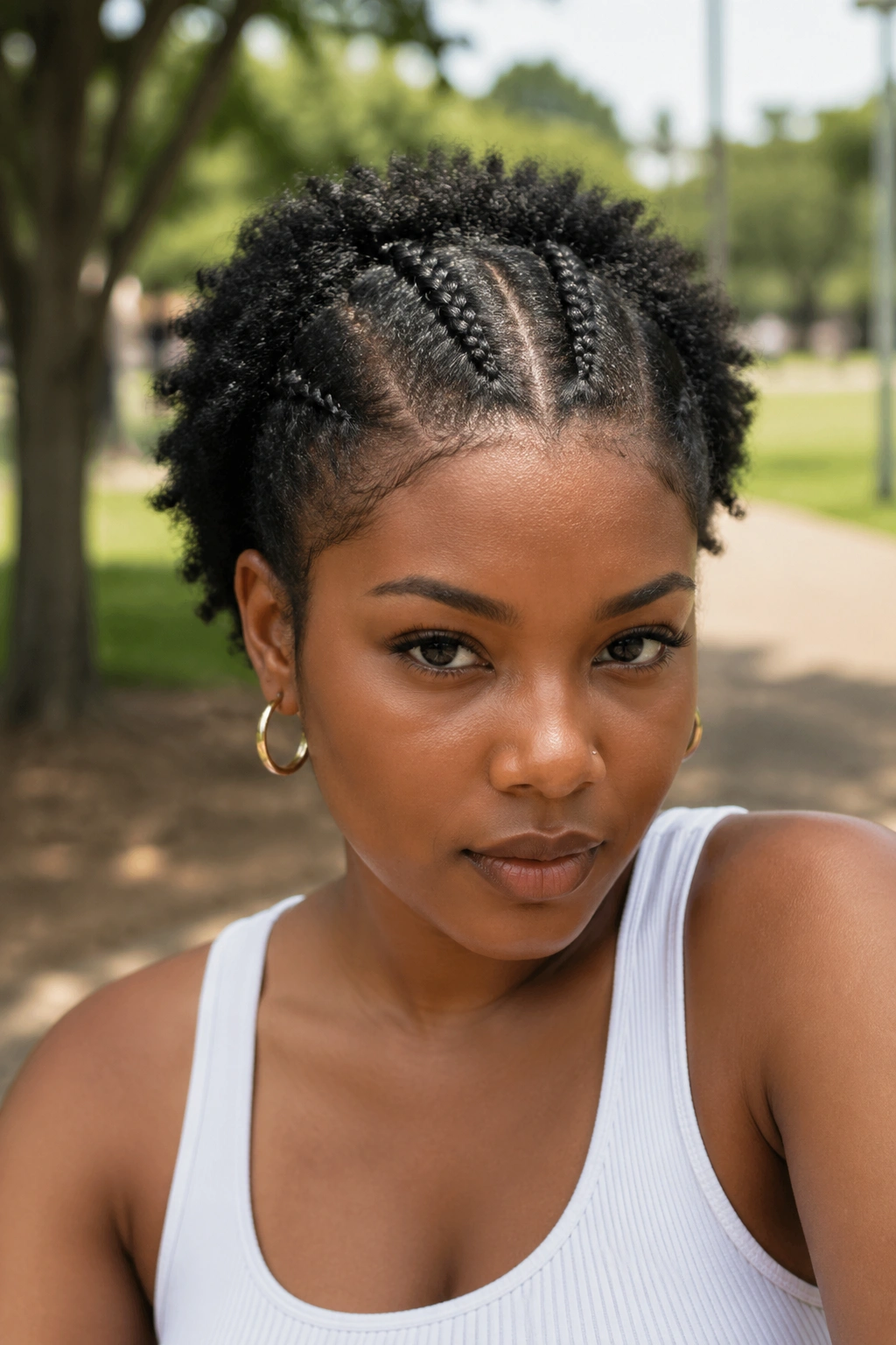 Real person with two center cornrows and natural hair