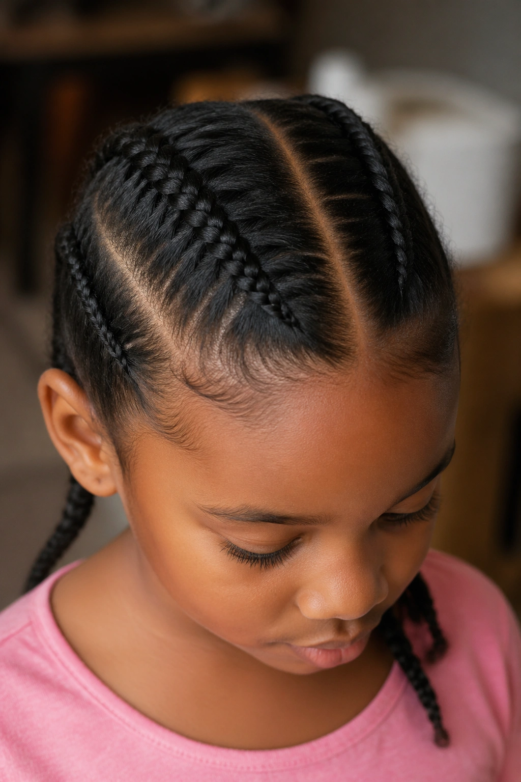 Child with two cornrows down the middle.
