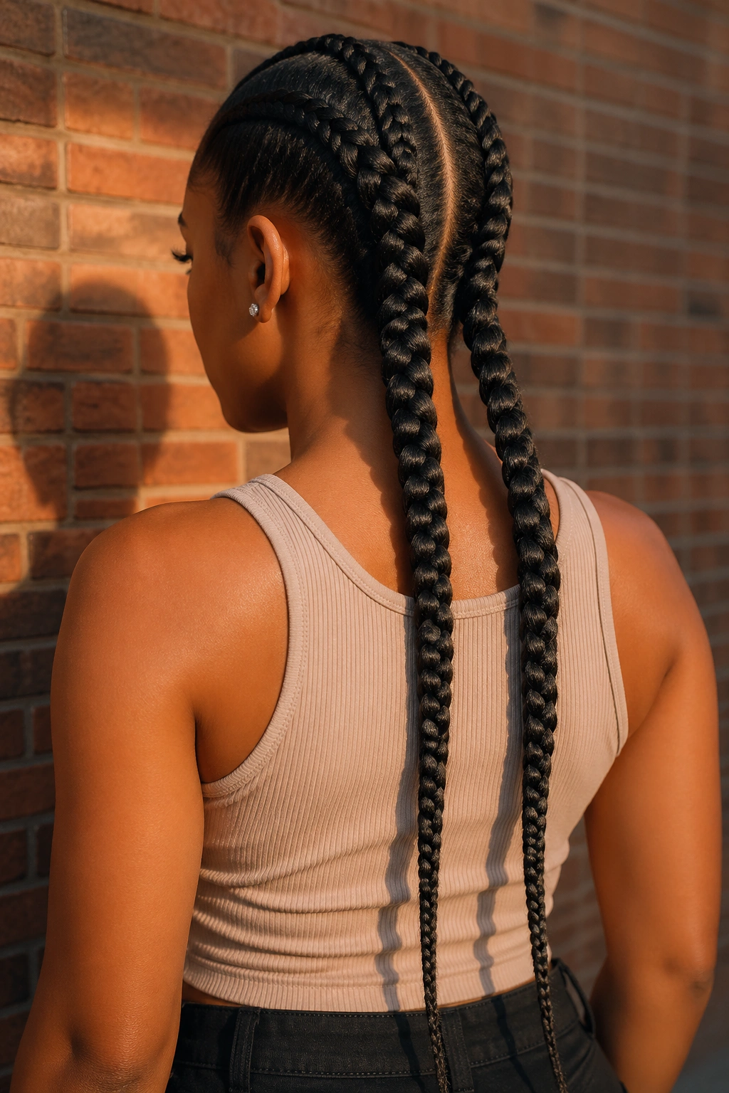 Three-quarter back view of a real woman with two thick feed-in braids along her back.