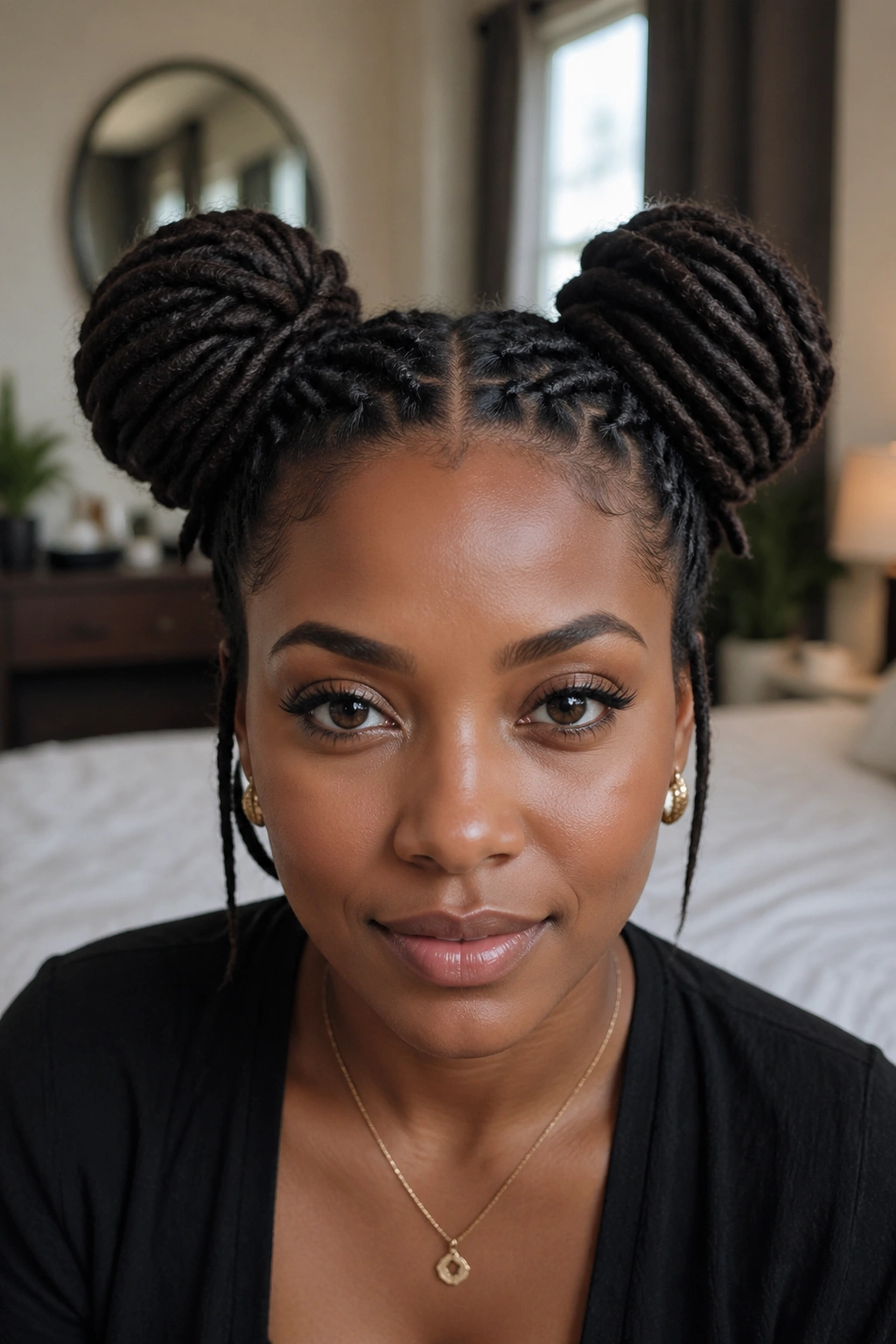 Close-up of a real woman with two loc buns on the sides