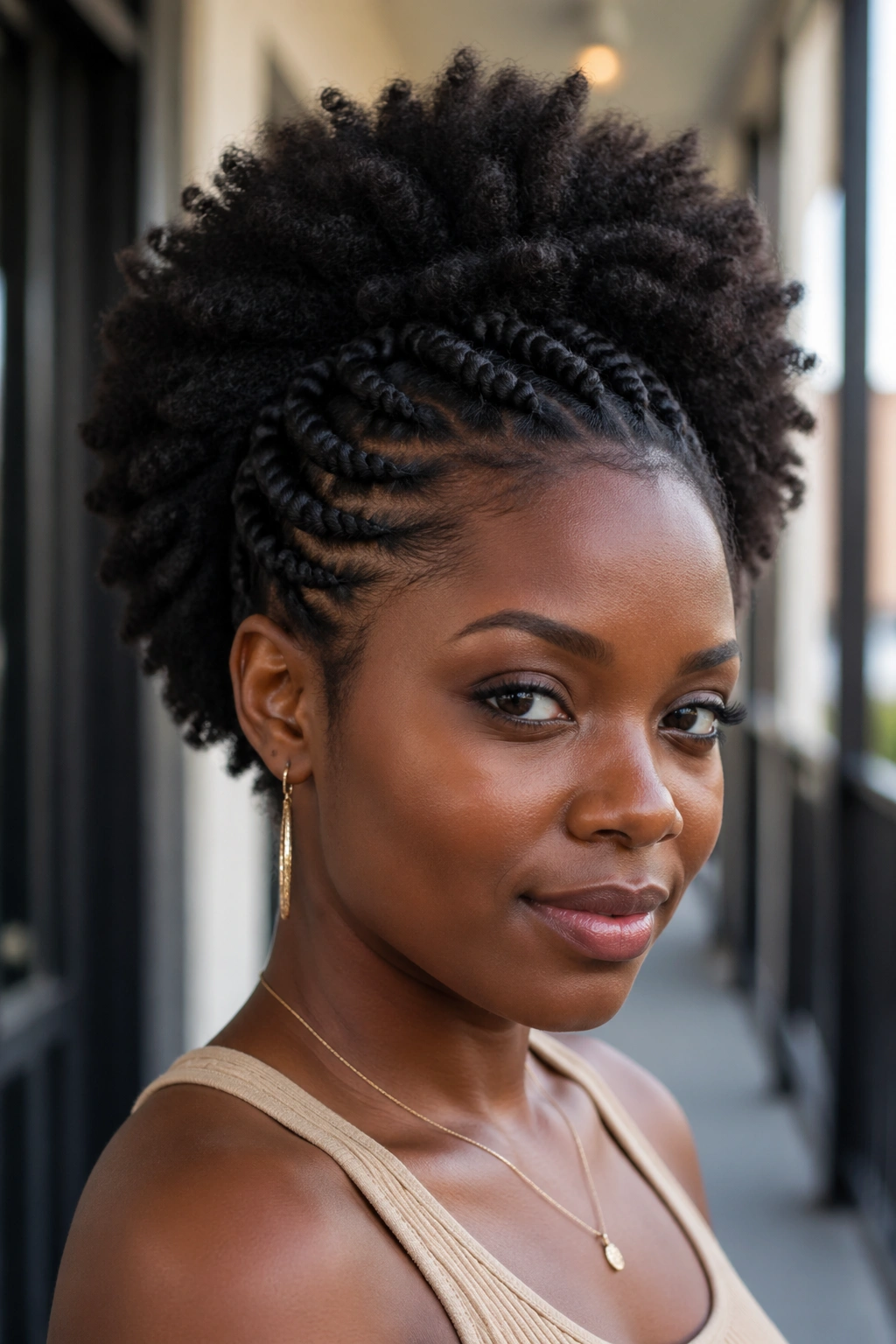 Close-up of a real woman with two-strand twists framing an Afro crown, natural light