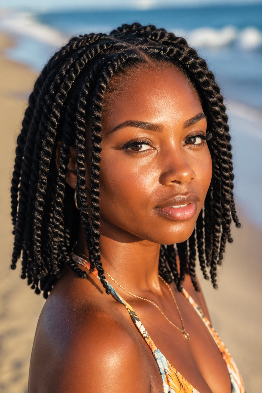 Close-up portrait of a real woman with two-strand twists at the beach