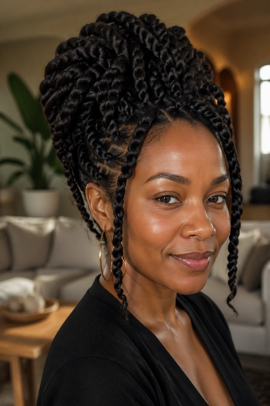Woman with voluminous two-strand twist updo.