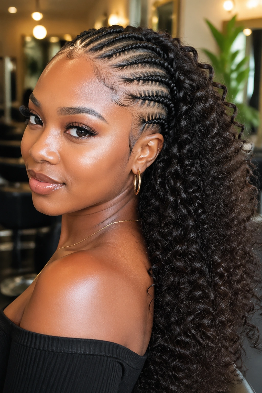 Portrait showing the two-texture hairstyle front cornrows and back curly weave.