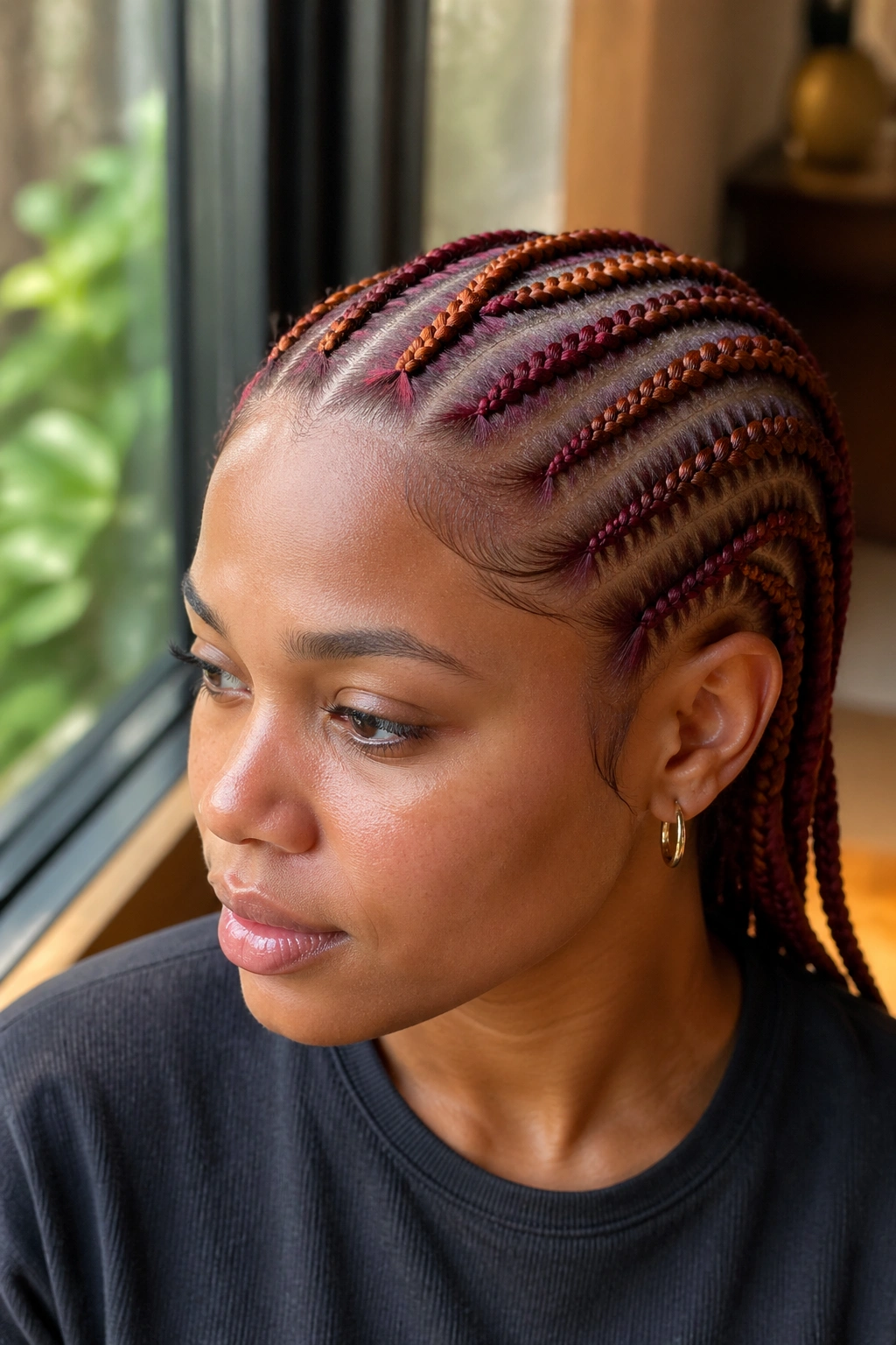 Portrait of a real person with alternating burgundy and copper stitch cornrows across the head