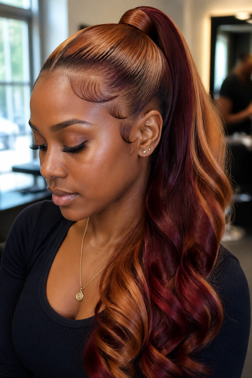 Close-up portrait of a real woman wearing a caramel and burgundy two-tone ponytail, ponytail dominating the frame
